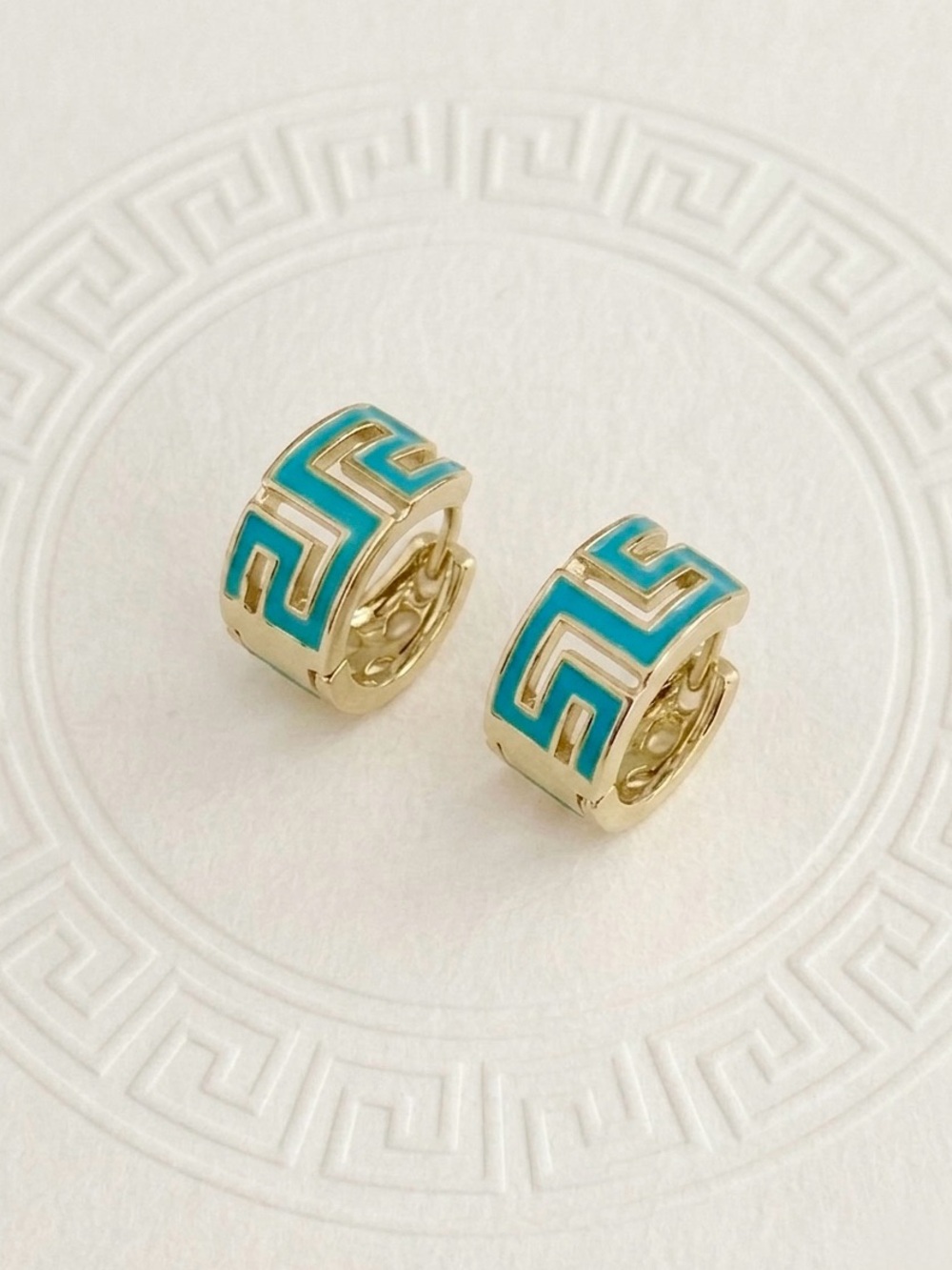 14K Gold Plated Turquoise Enamel Greek Key Huggie Hoop Earrings | Meander Design